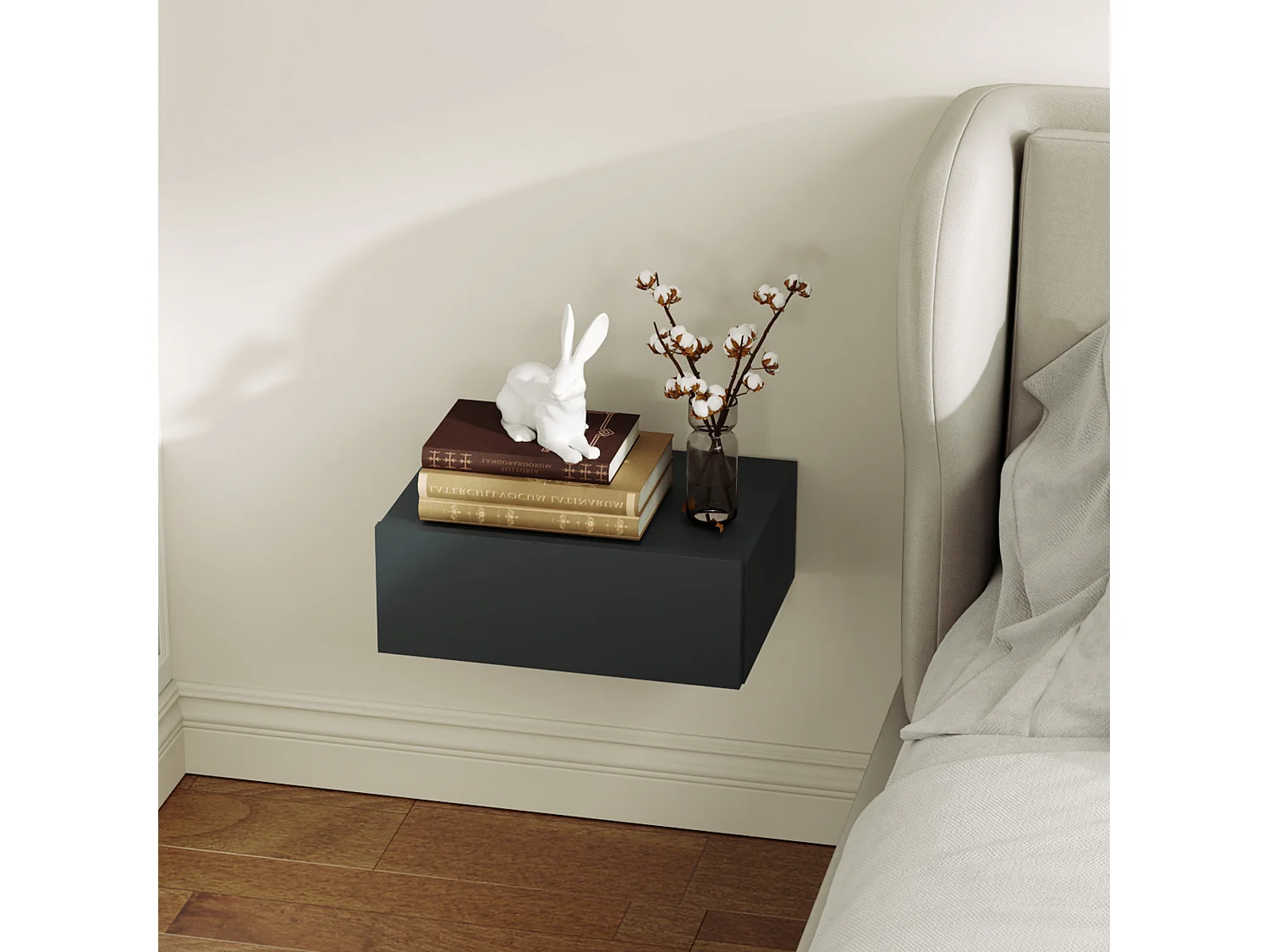 Comodino con cassetto dal design sospeso moderno in truciolato nero