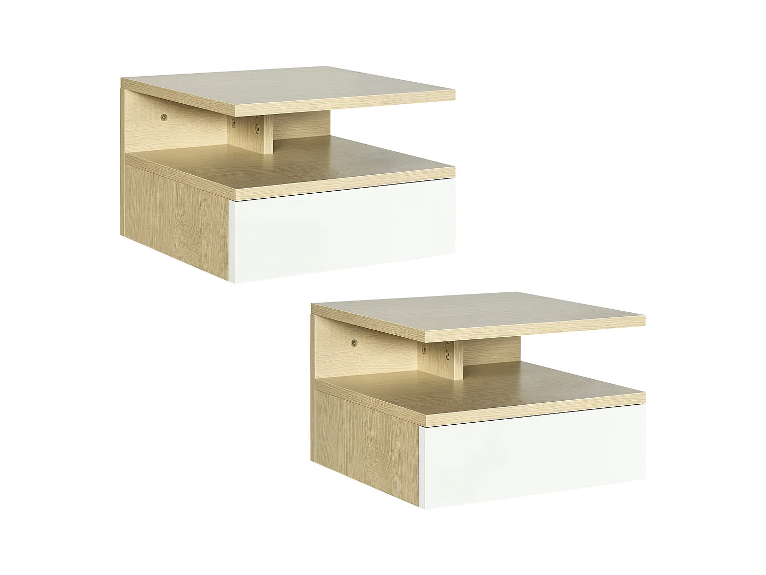 Set da 2 comodini sospesi con cassetto in truciolato bianco e rovere