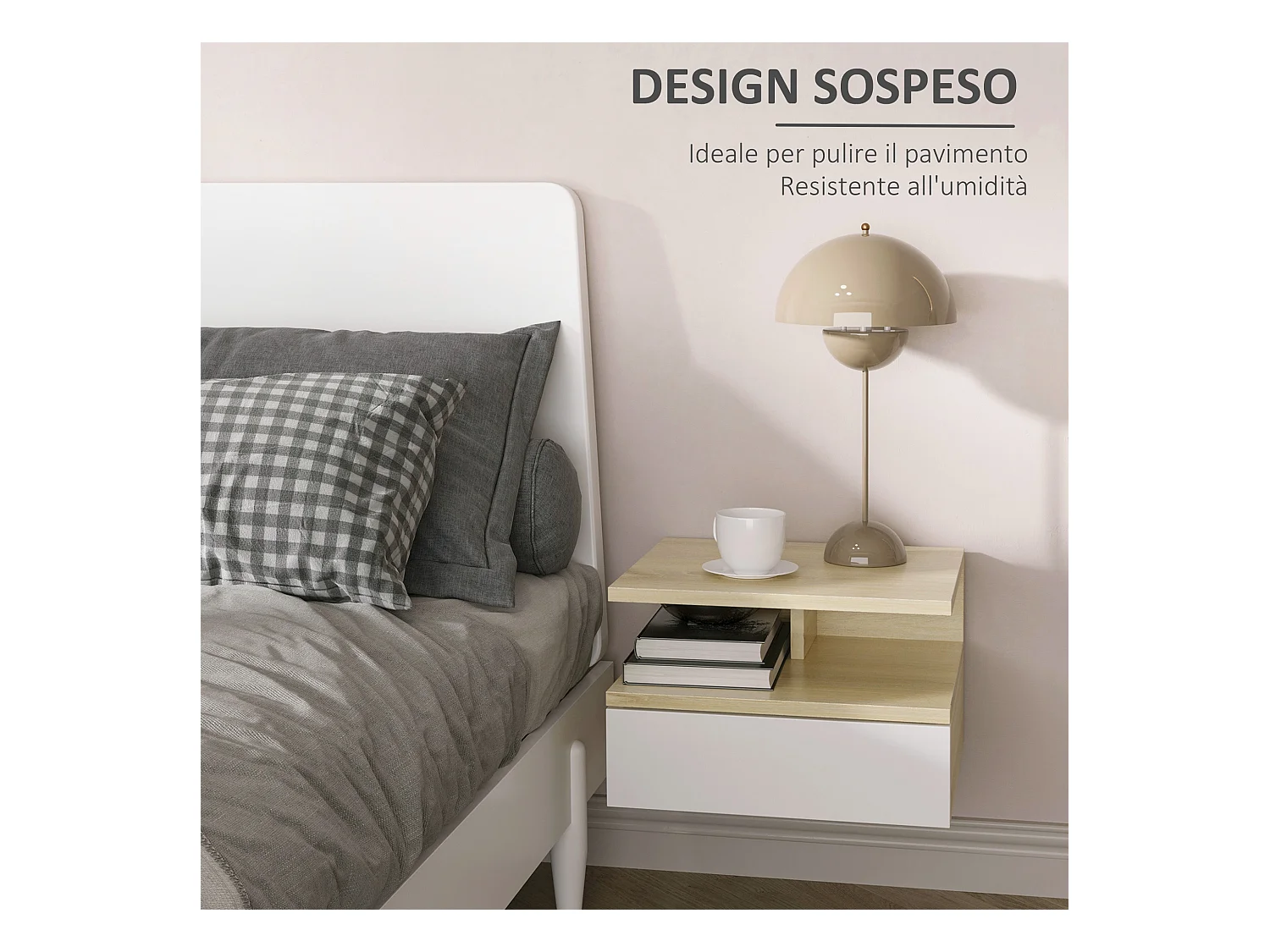 Set da 2 comodini sospesi con cassetto in truciolato bianco e rovere
