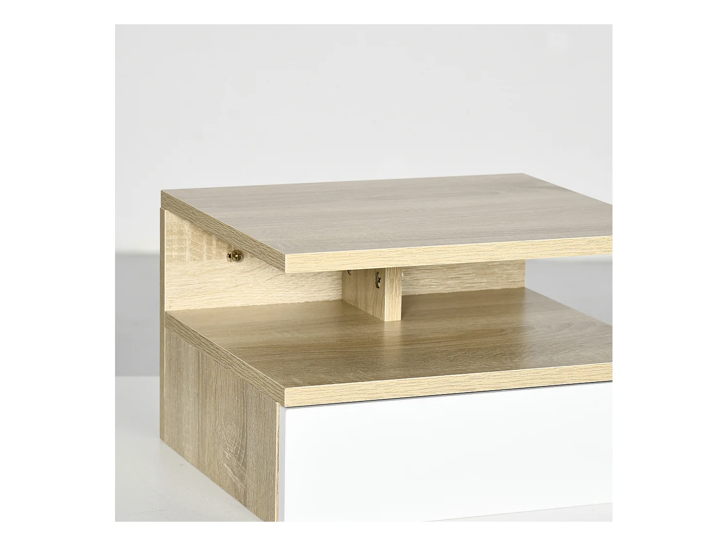 Set da 2 comodini sospesi con cassetto in truciolato bianco e rovere