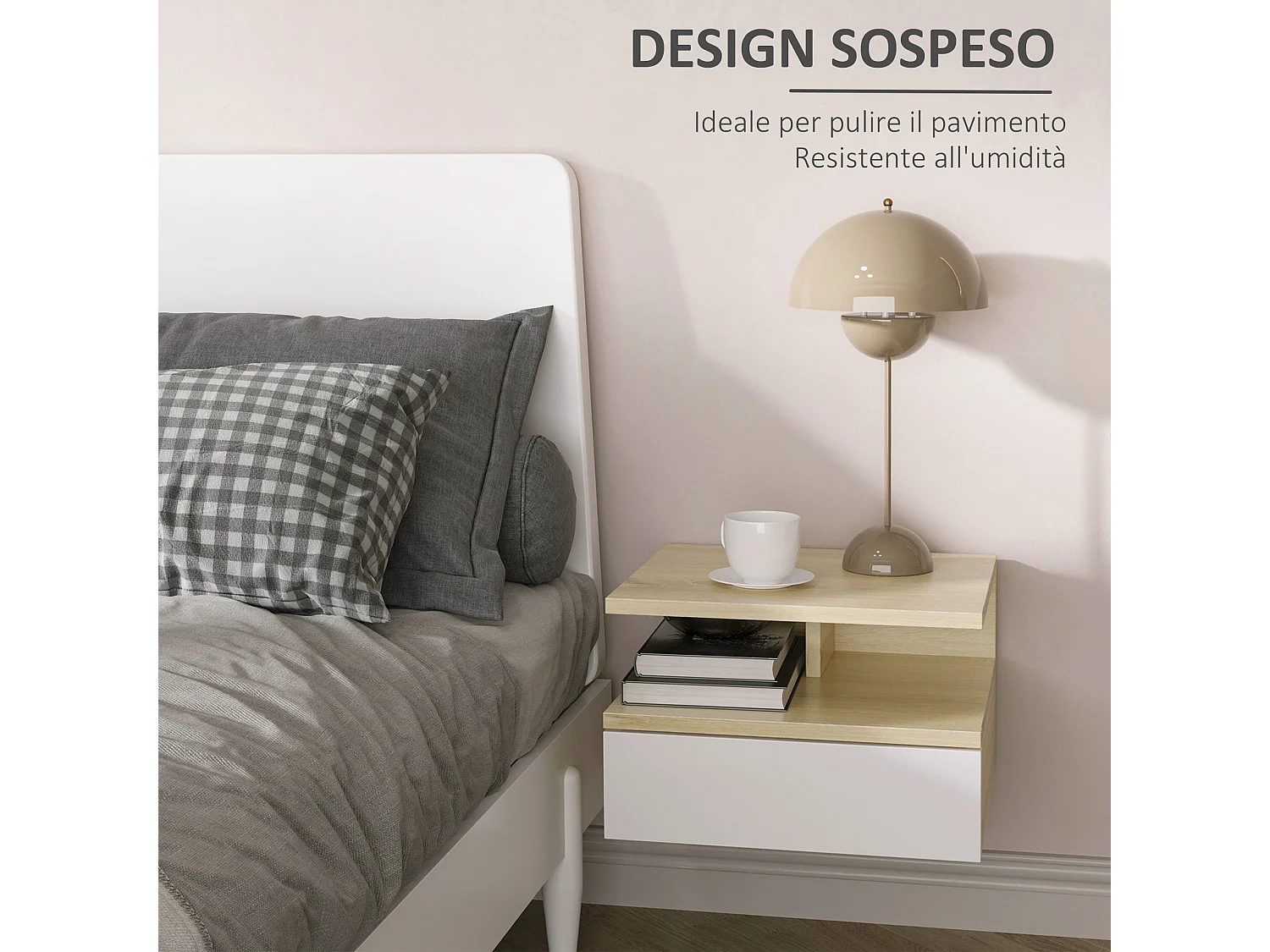 Set da 2 comodini sospesi con cassetto in truciolato bianco e rovere
