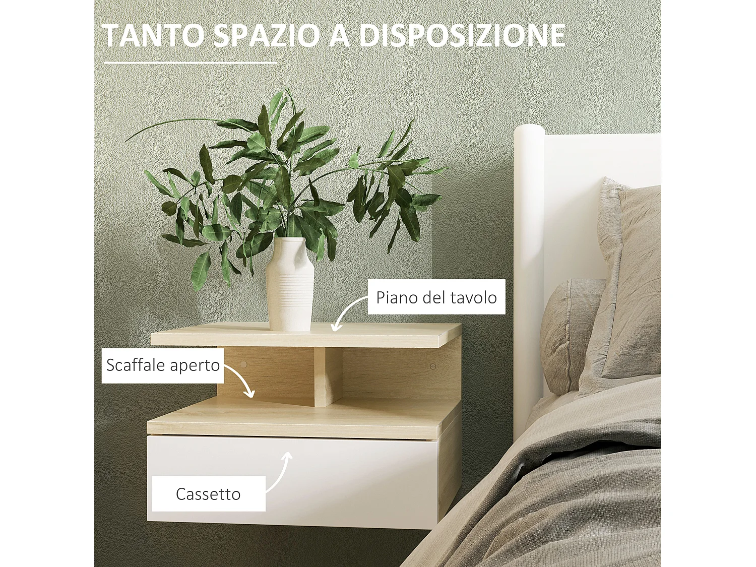 Set da 2 comodini sospesi con cassetto in truciolato bianco e rovere