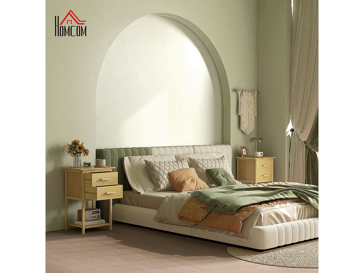 RoyalCraft Comodino Boho In Rattan E Legno | 2 Cassetti + Ripiano | Colore Caffè | 46x41x69 Cm