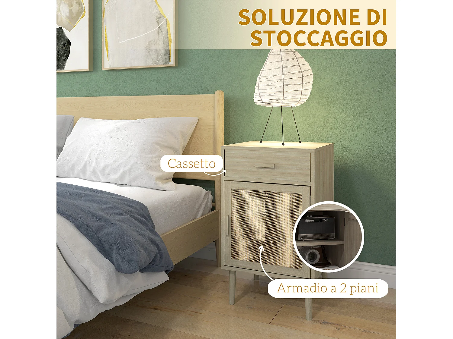 Set 2 comodini con cassetto e anta in rattan stile boho colore legno