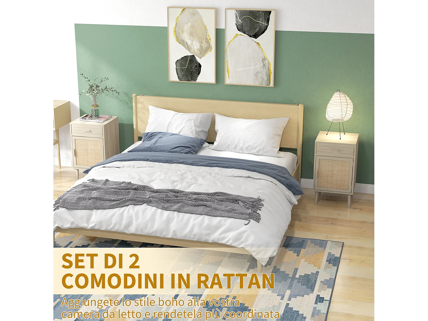 Set 2 comodini con cassetto e anta in rattan stile boho colore legno