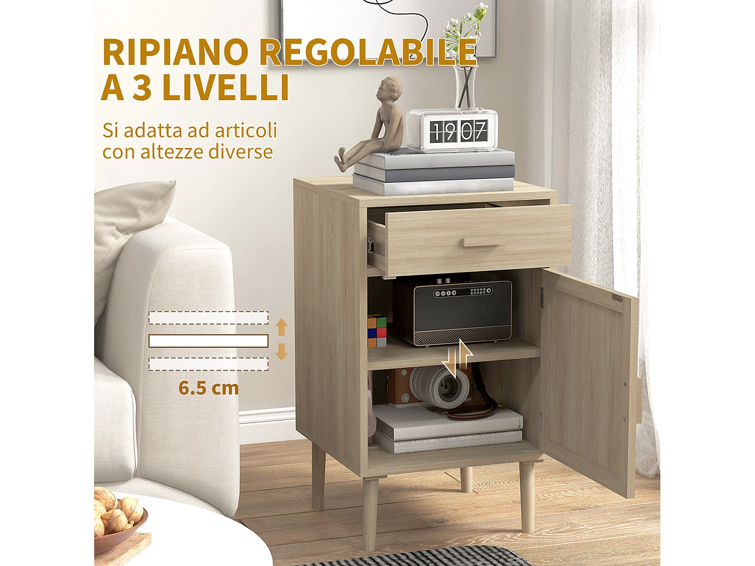 Set 2 comodini con cassetto e anta in rattan stile boho colore legno