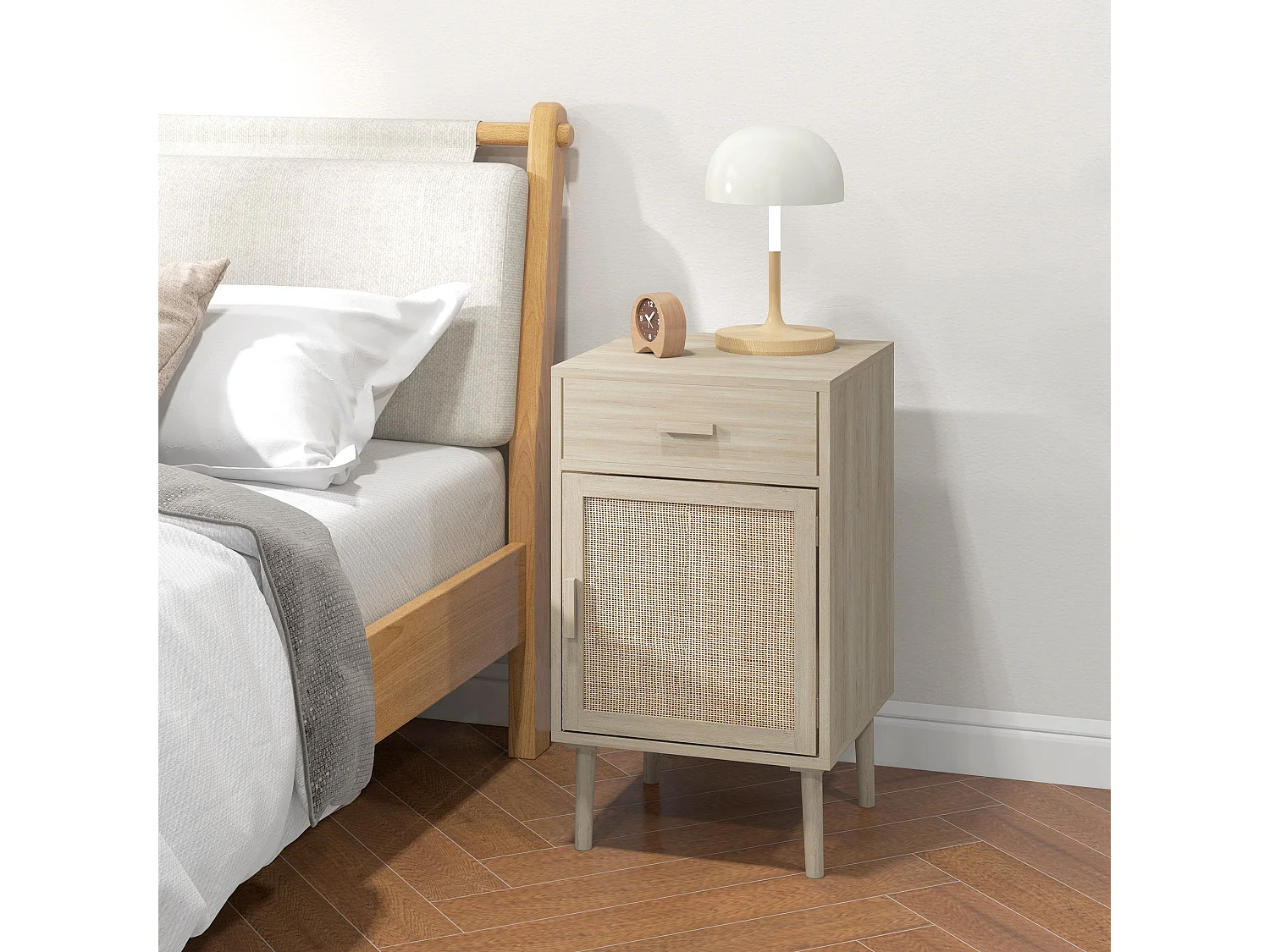 Set 2 comodini con cassetto e anta in rattan stile boho colore legno