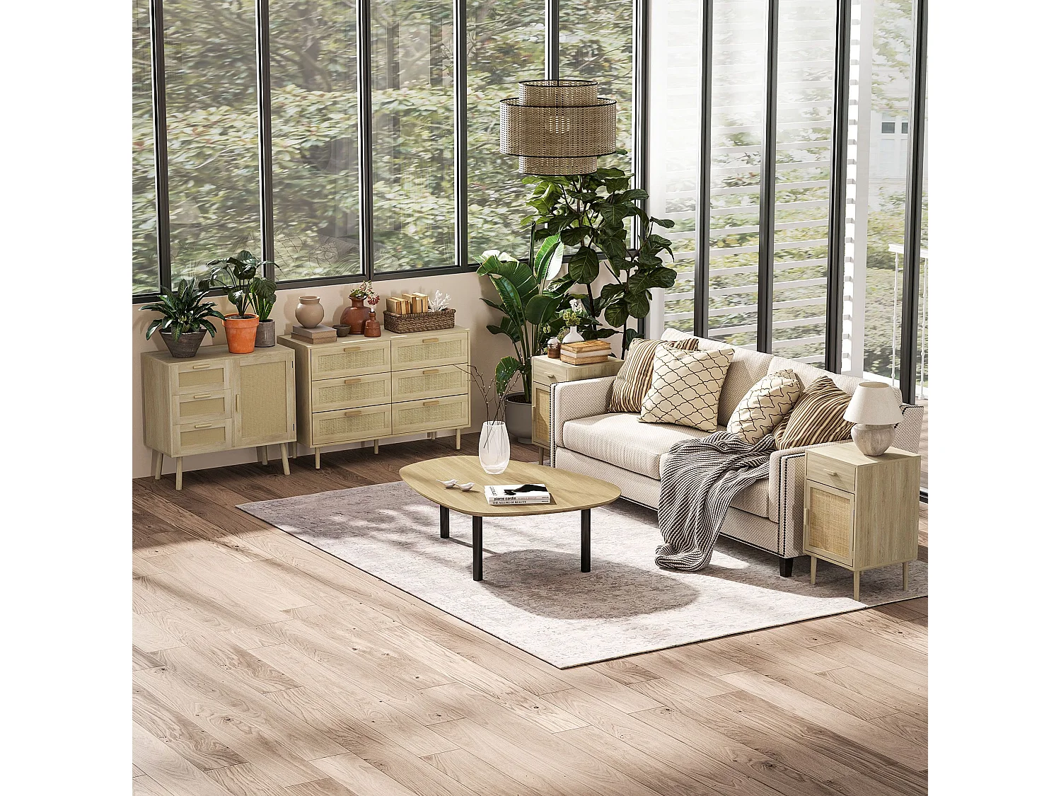 Set 2 comodini con cassetto e anta in rattan stile boho colore legno