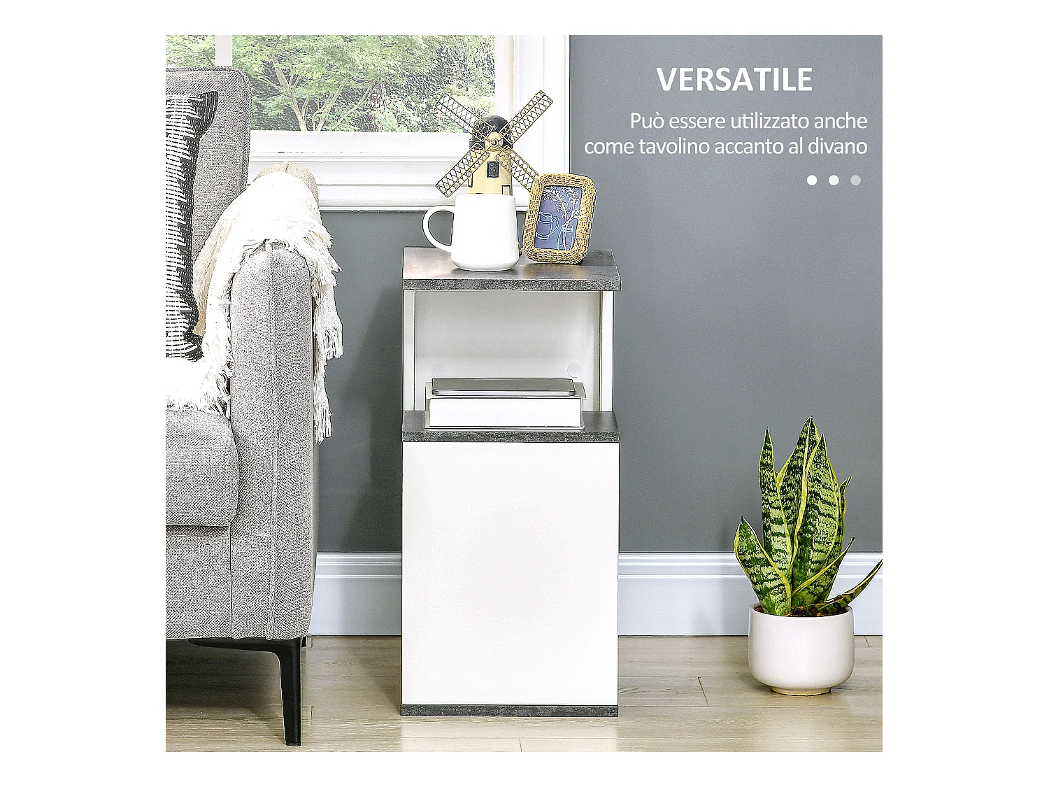 Comodino con ripiano aperto in truciolato grigio e bianco