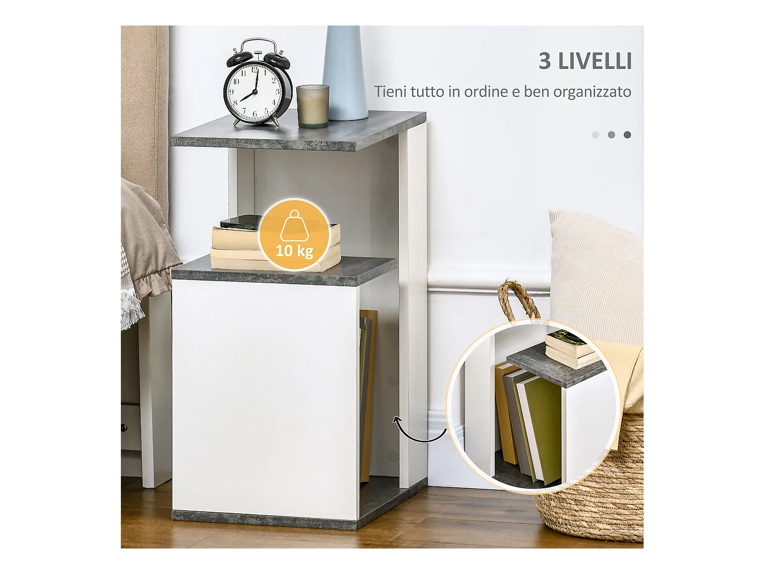 Comodino con ripiano aperto in truciolato grigio e bianco