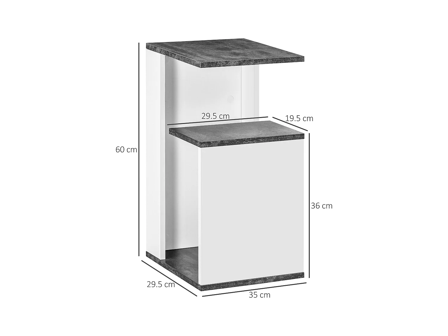 Comodino con ripiano aperto in truciolato grigio e bianco