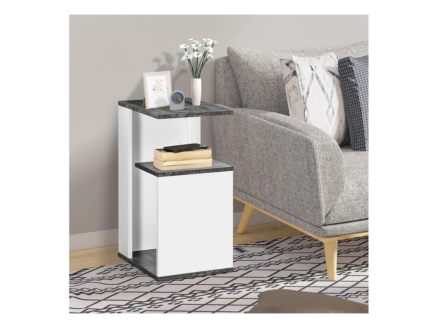 Comodino con ripiano aperto in truciolato grigio e bianco