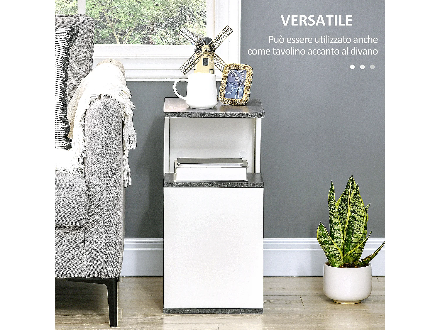 Comodino con ripiano aperto in truciolato grigio e bianco