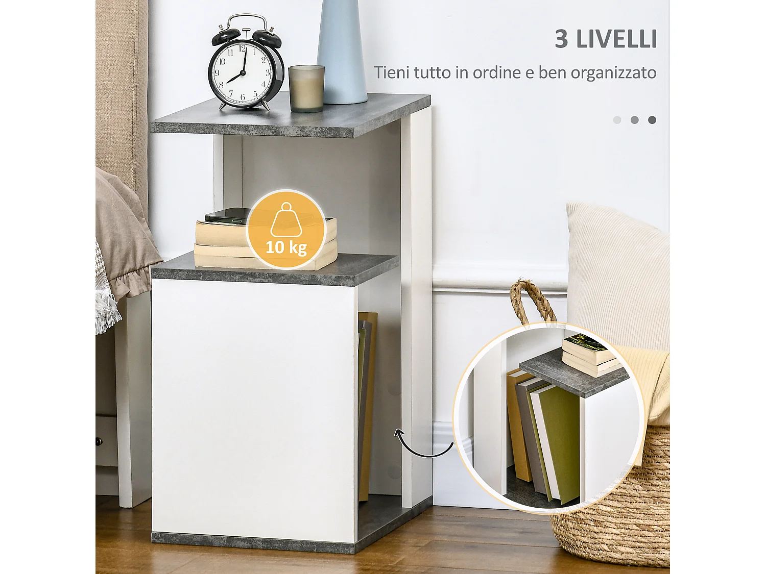 Comodino con ripiano aperto in truciolato grigio e bianco