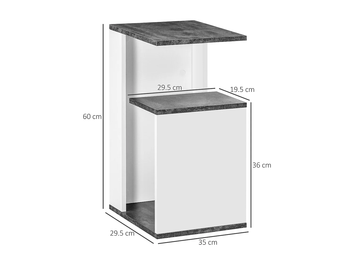 Comodino con ripiano aperto in truciolato grigio e bianco