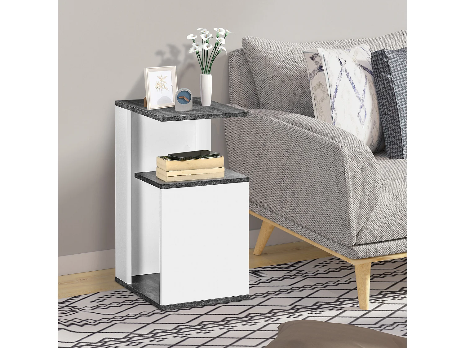 Comodino con ripiano aperto in truciolato grigio e bianco