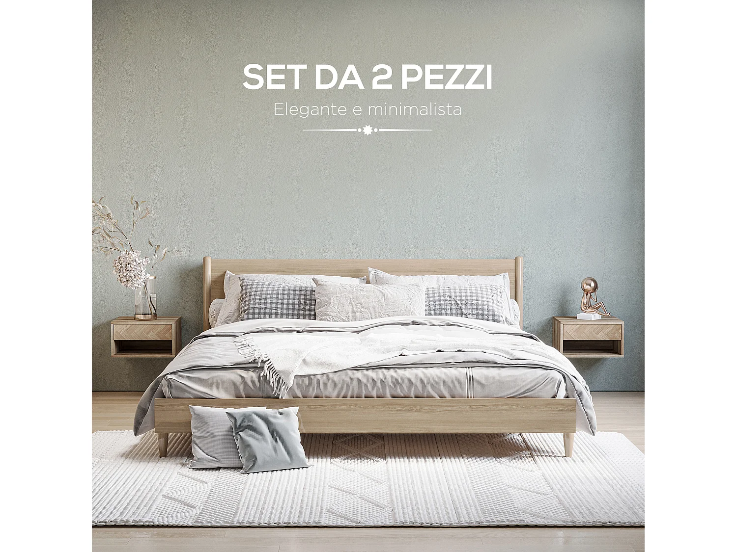 Set 2 comodini moderni sospesi con cassetto e mensola in legno