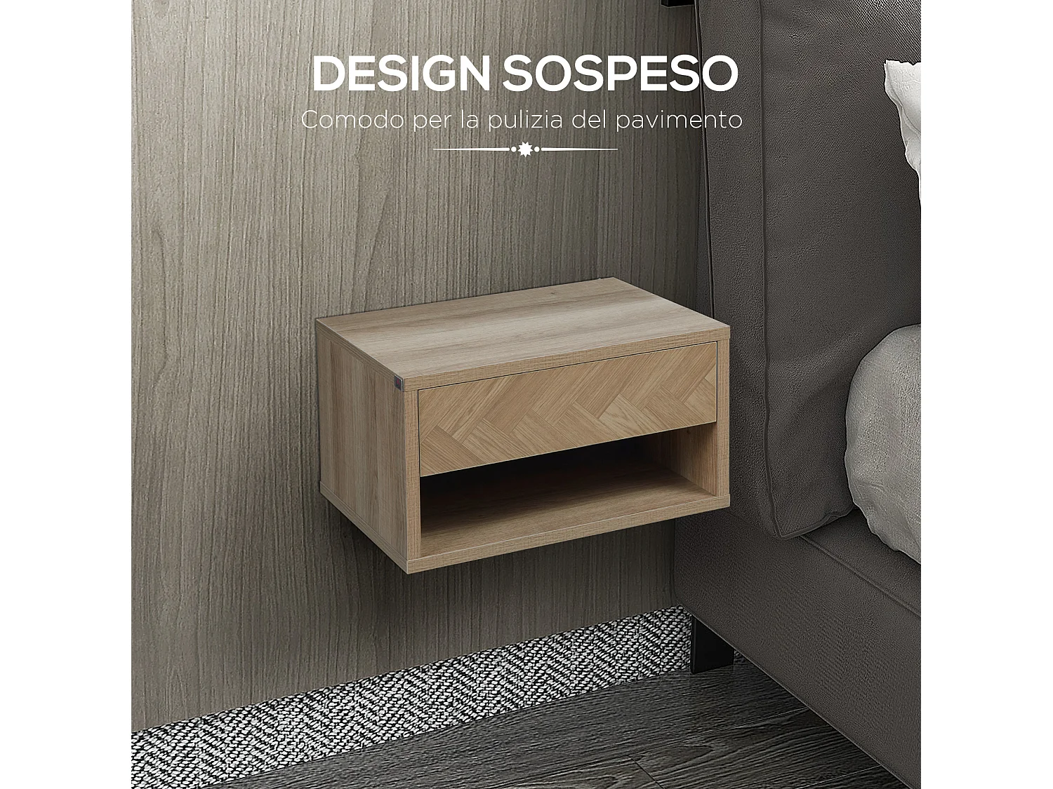 Set 2 comodini moderni sospesi con cassetto e mensola in legno