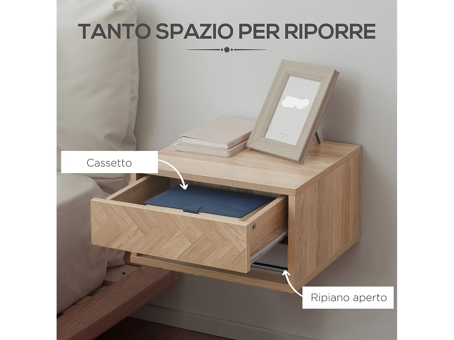 Set 2 comodini moderni sospesi con cassetto e mensola in legno