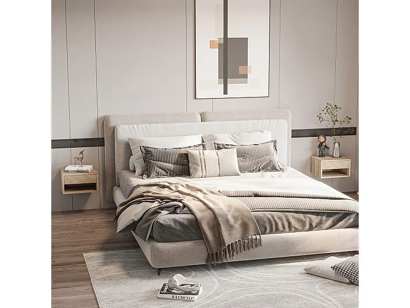 Set 2 comodini moderni sospesi con cassetto e mensola in legno