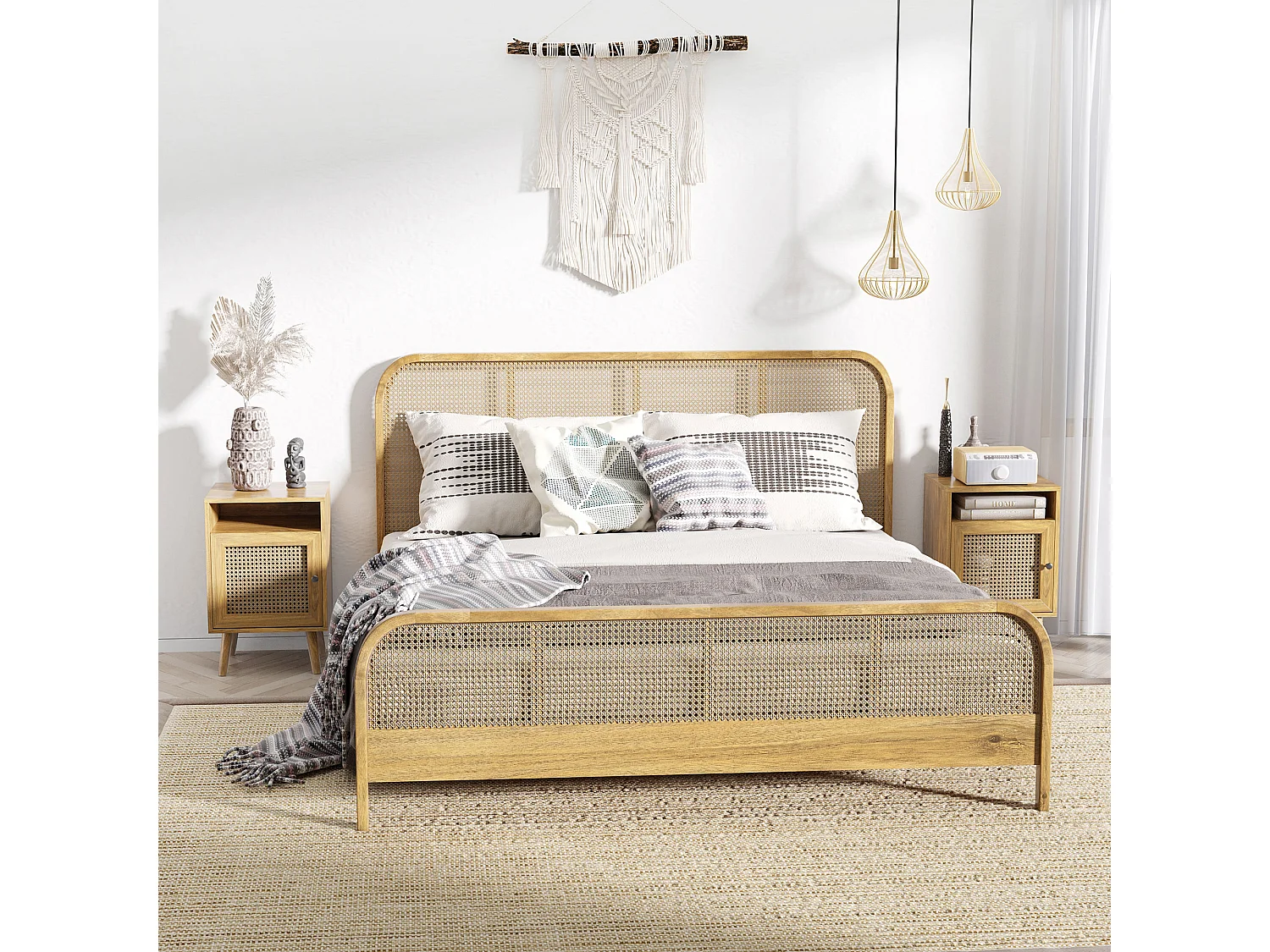 Set 2 comodini boho con armadietto e ripiano aperto in rattan