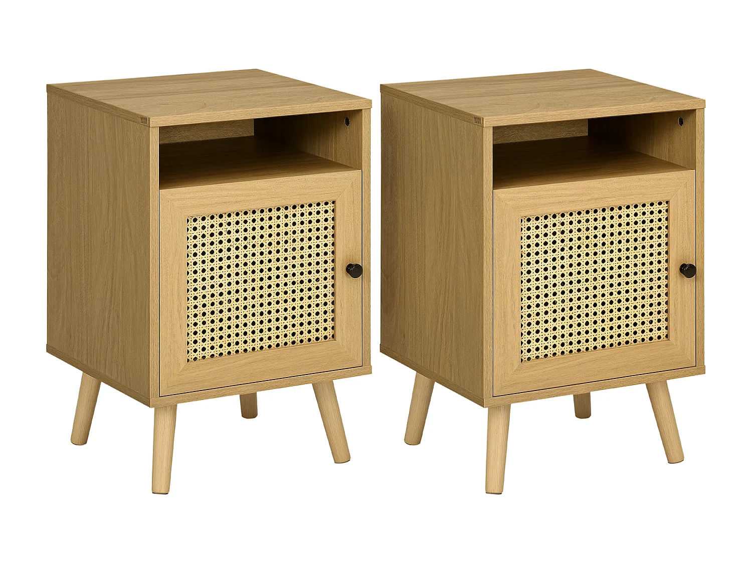 Set 2 comodini boho con armadietto e ripiano aperto in rattan