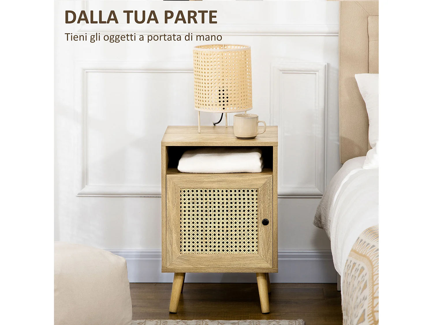 Set 2 comodini boho con armadietto e ripiano aperto in rattan