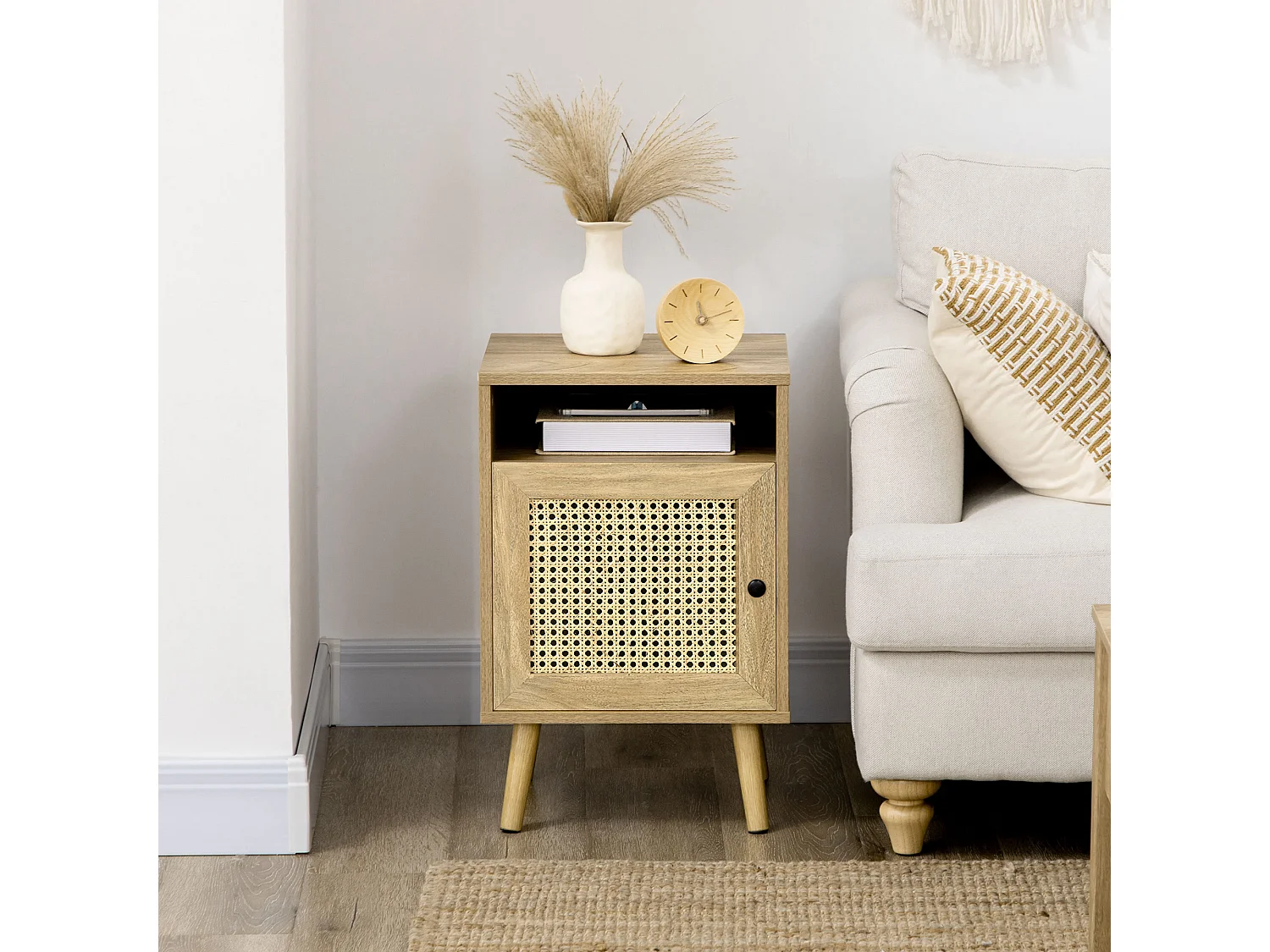 Set 2 comodini boho con armadietto e ripiano aperto in rattan