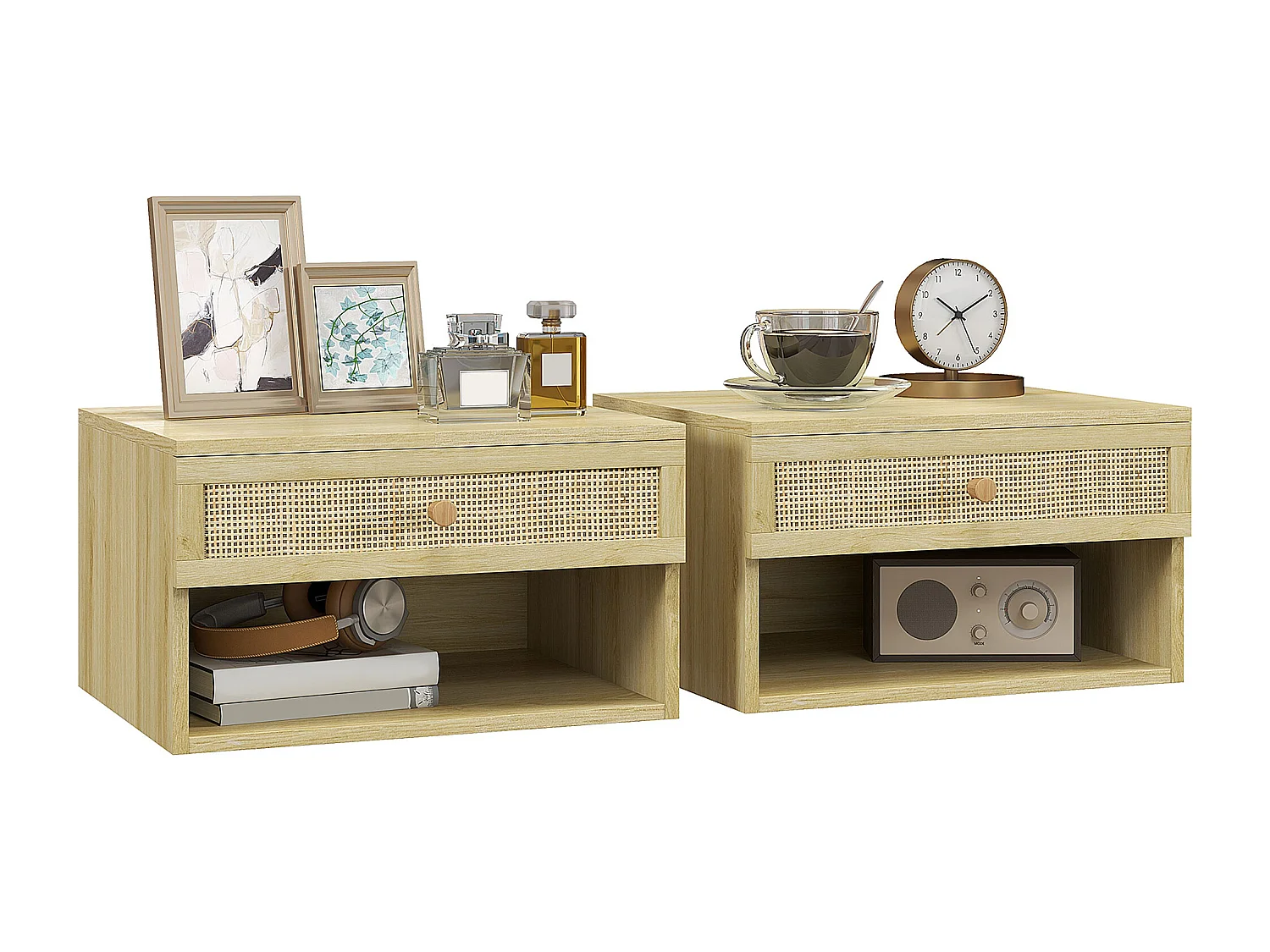 Set 2 comodini con cassetto e ripiani aperti stile nordico in rattan