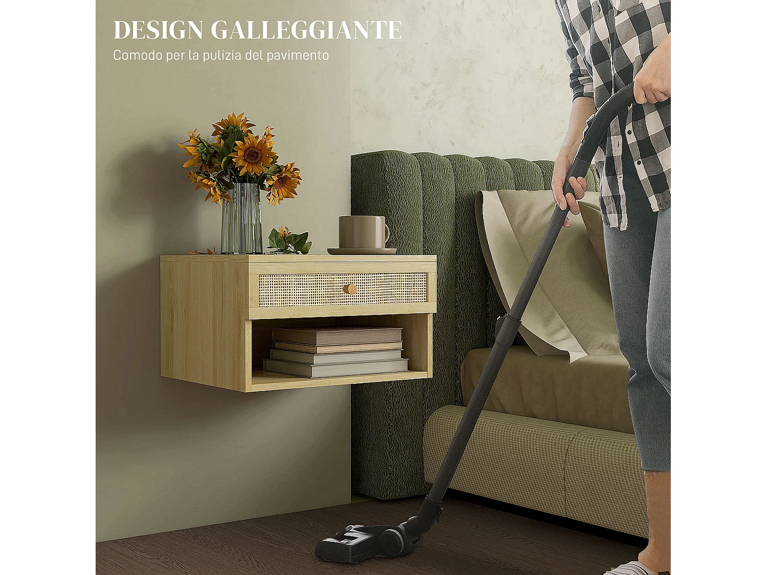 Set 2 comodini con cassetto e ripiani aperti stile nordico in rattan