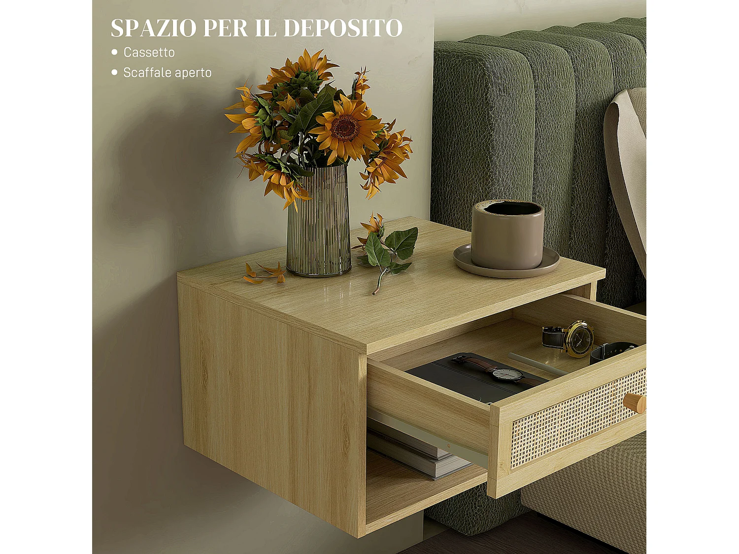 Set 2 comodini con cassetto e ripiani aperti stile nordico in rattan