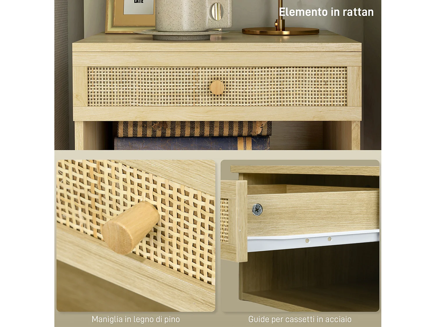 Set 2 comodini con cassetto e ripiani aperti stile nordico in rattan