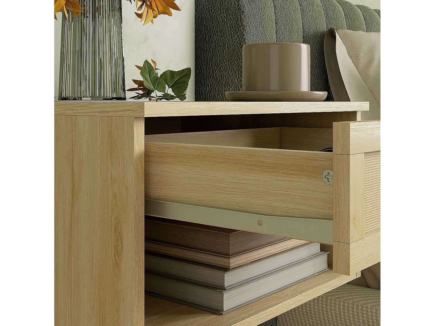 Set 2 comodini con cassetto e ripiani aperti stile nordico in rattan