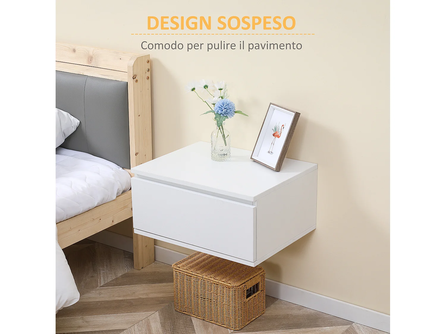 Comodino set 2 pezzi con cassetto e design sospeso bianco