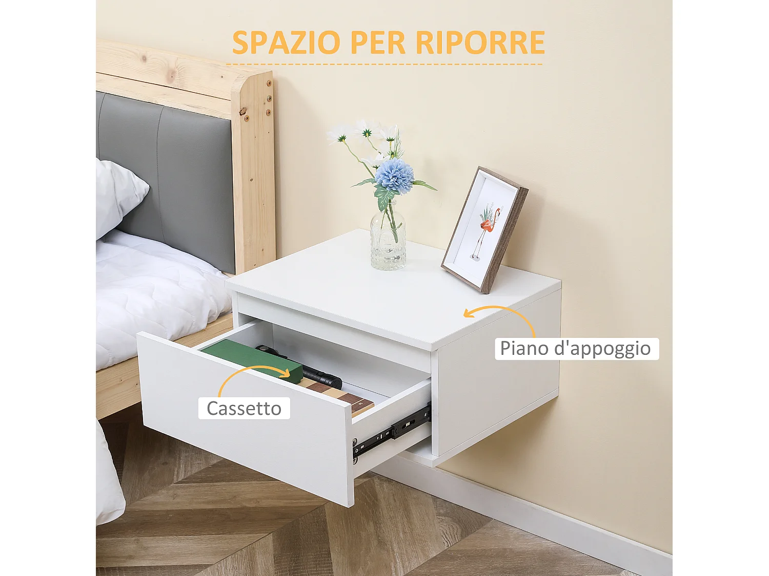Comodino set 2 pezzi con cassetto e design sospeso bianco