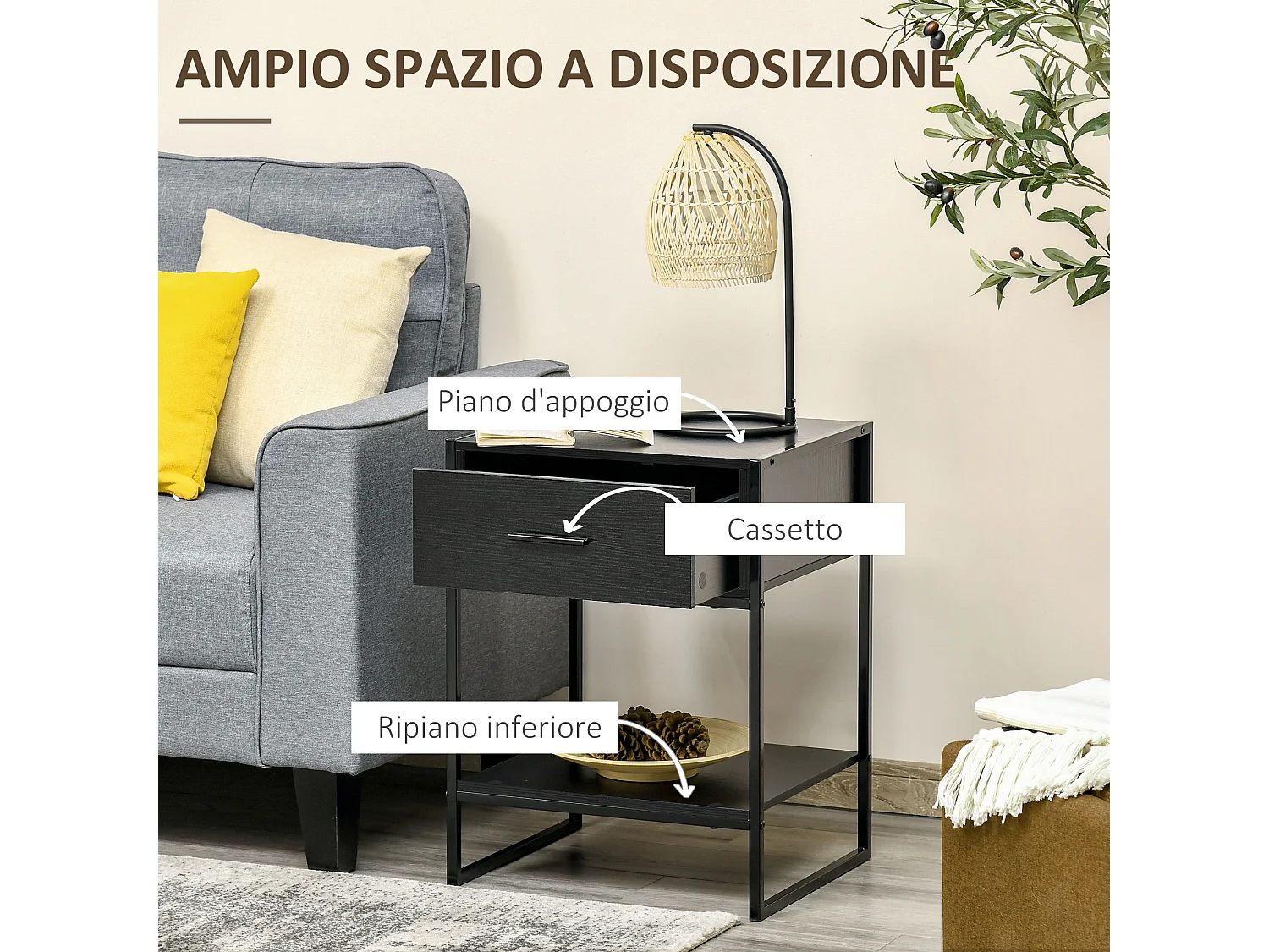 Comodini Moderni Set 2 Pezzi con Cassetto e Ripiano Aperto Nero