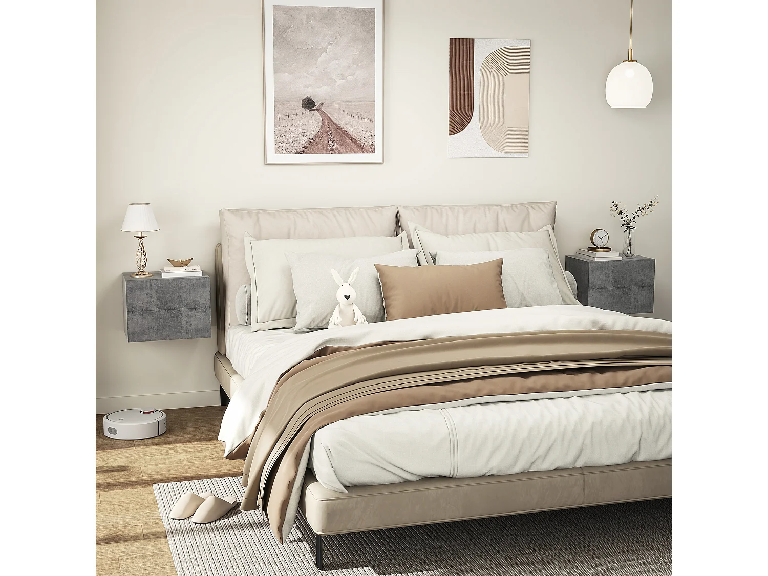 Set 2 comodini sospesi moderni con 2 cassetti grigio cemento