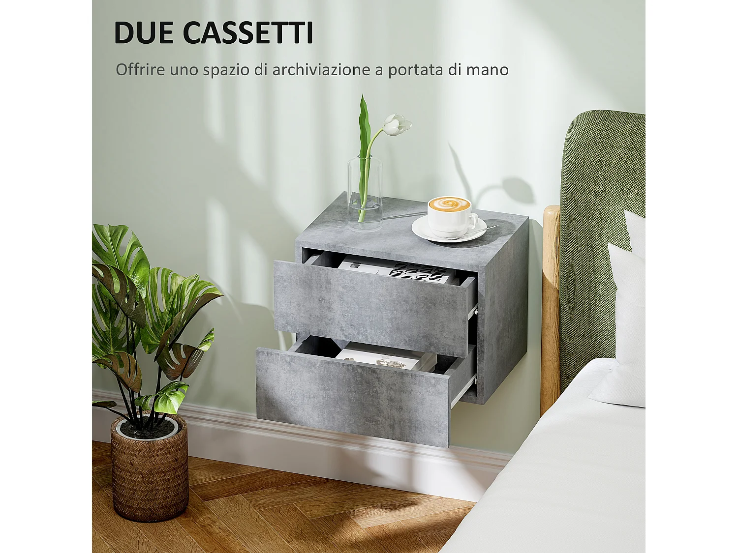 Set 2 comodini sospesi moderni con 2 cassetti grigio cemento