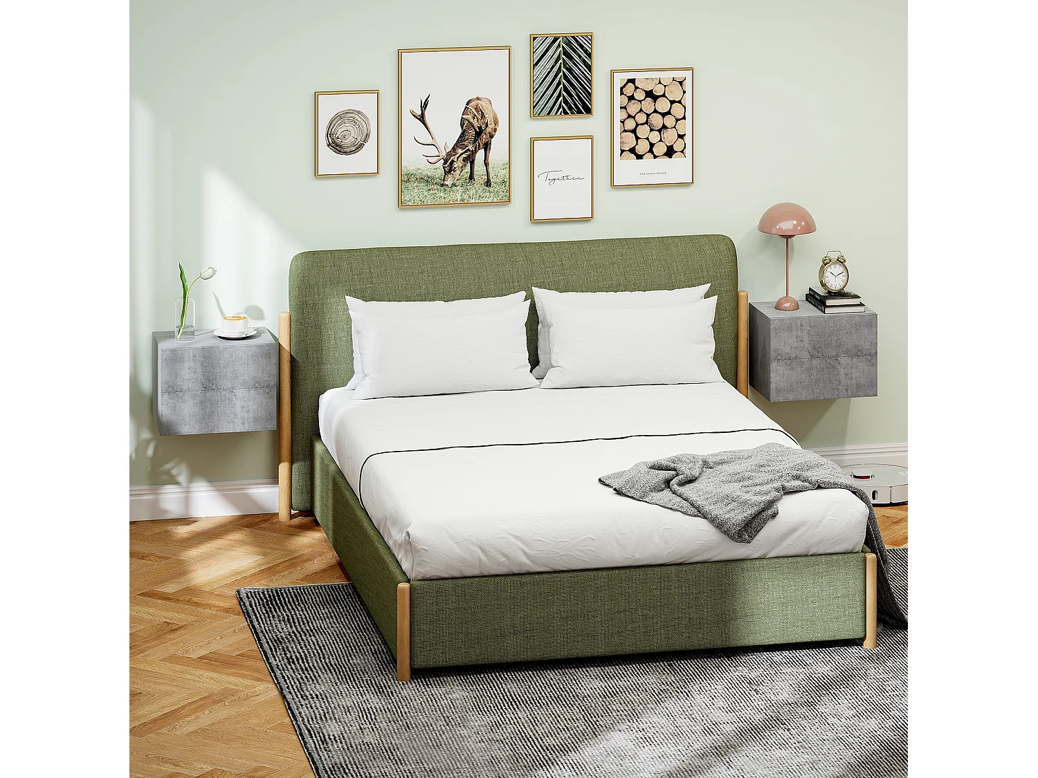 Set 2 comodini sospesi moderni con 2 cassetti grigio cemento