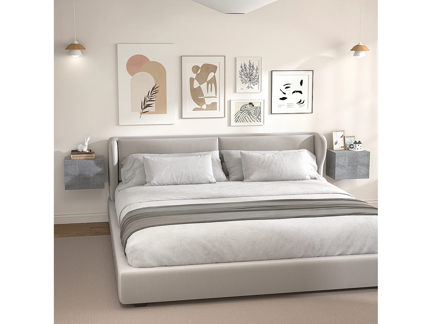 Set 2 comodini sospesi moderni con 2 cassetti grigio cemento