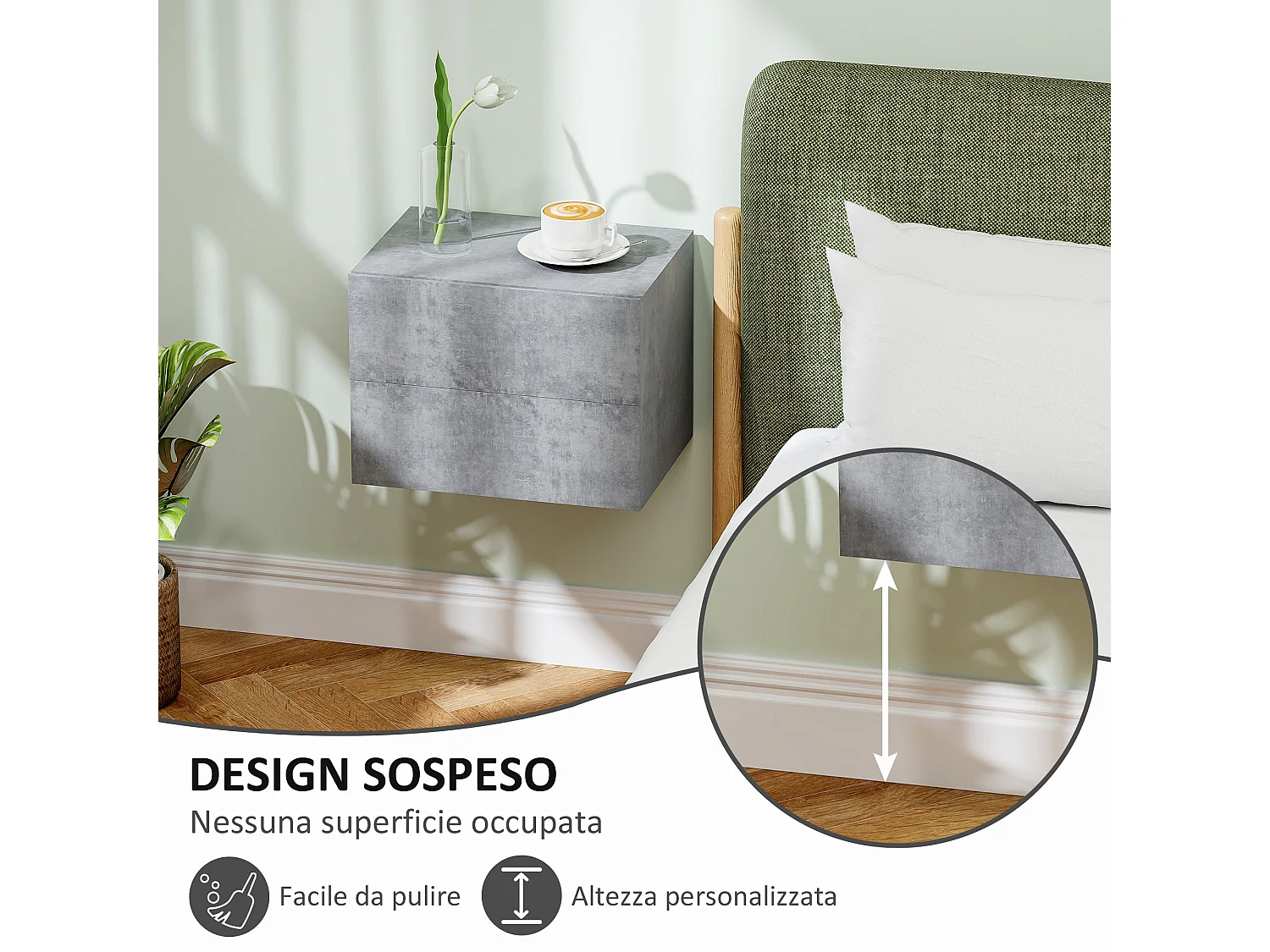 Set 2 comodini sospesi moderni con 2 cassetti grigio cemento