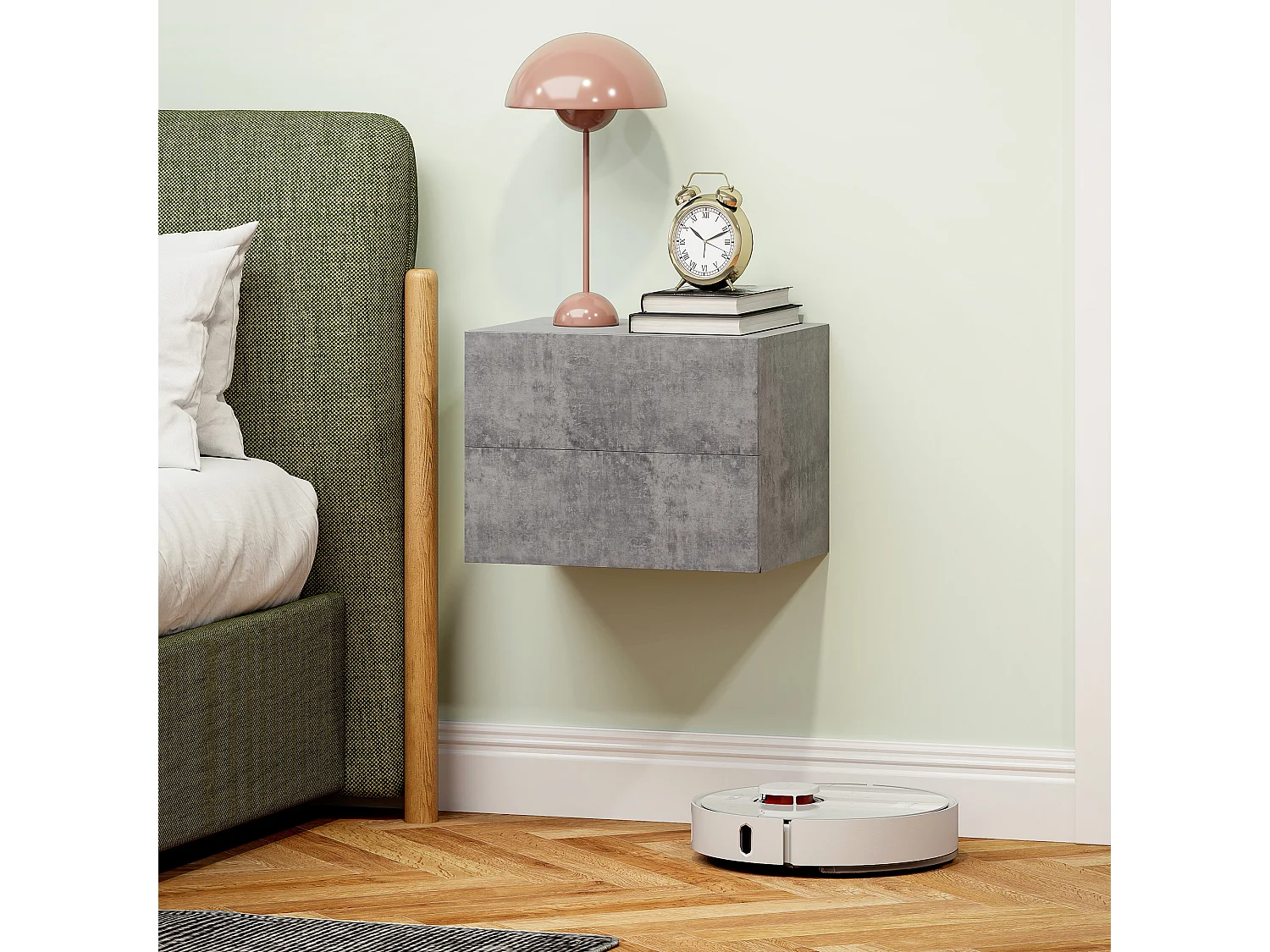 Set 2 comodini sospesi moderni con 2 cassetti grigio cemento