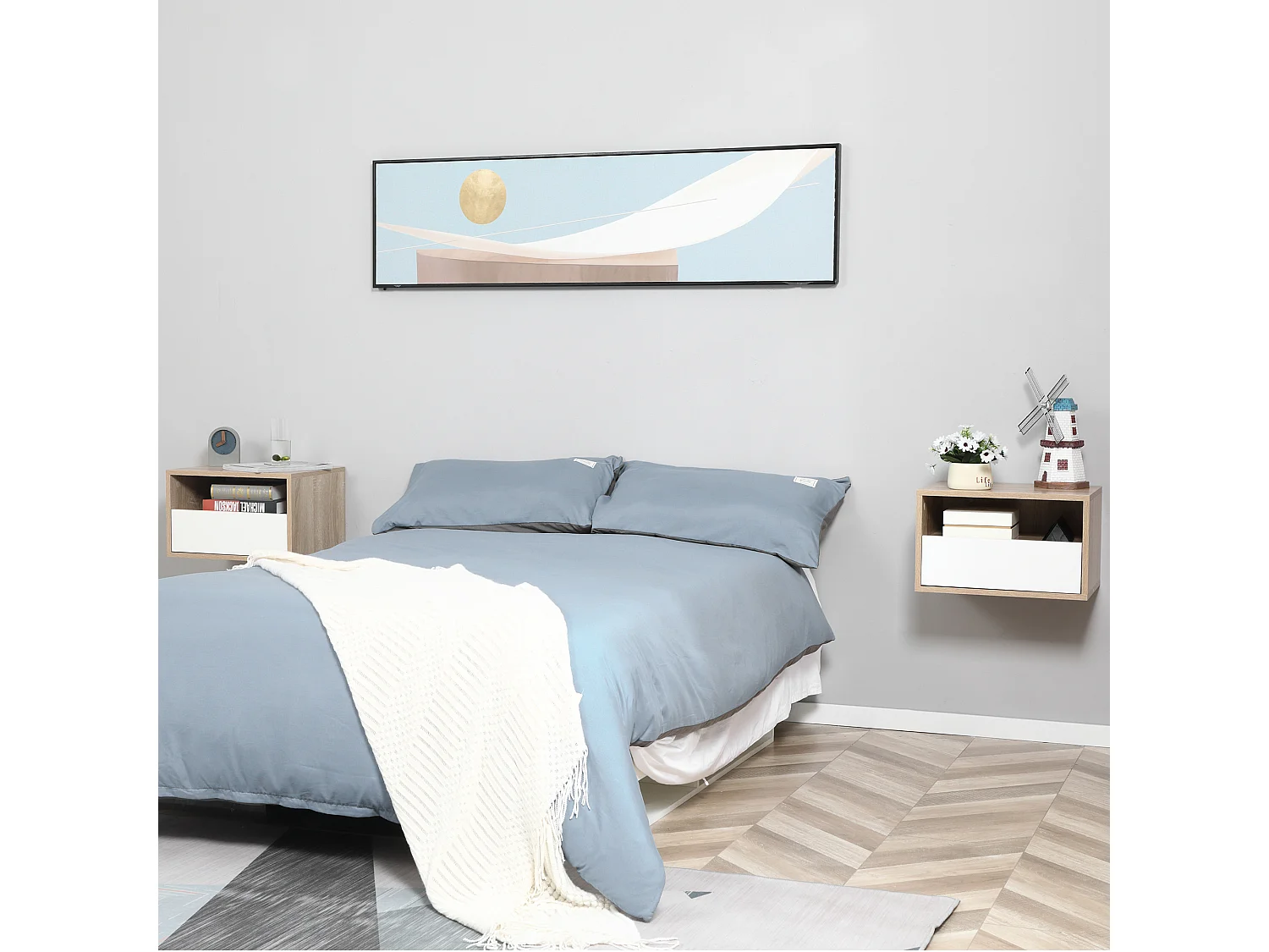 Set 2 comodini sospesi con cassetto 45x35x27.5cm bianco e legno