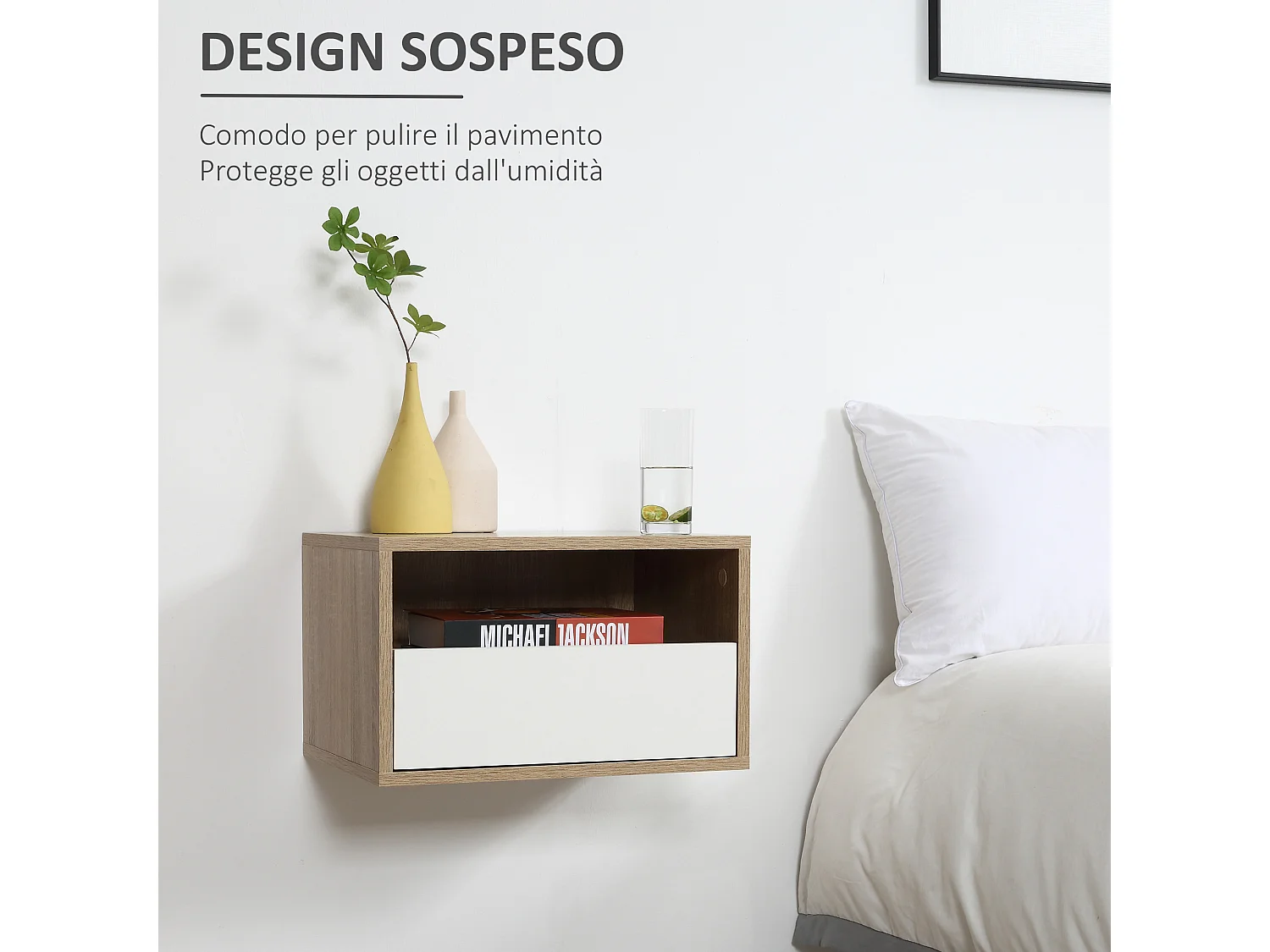 Set 2 comodini sospesi con cassetto 45x35x27.5cm bianco e legno