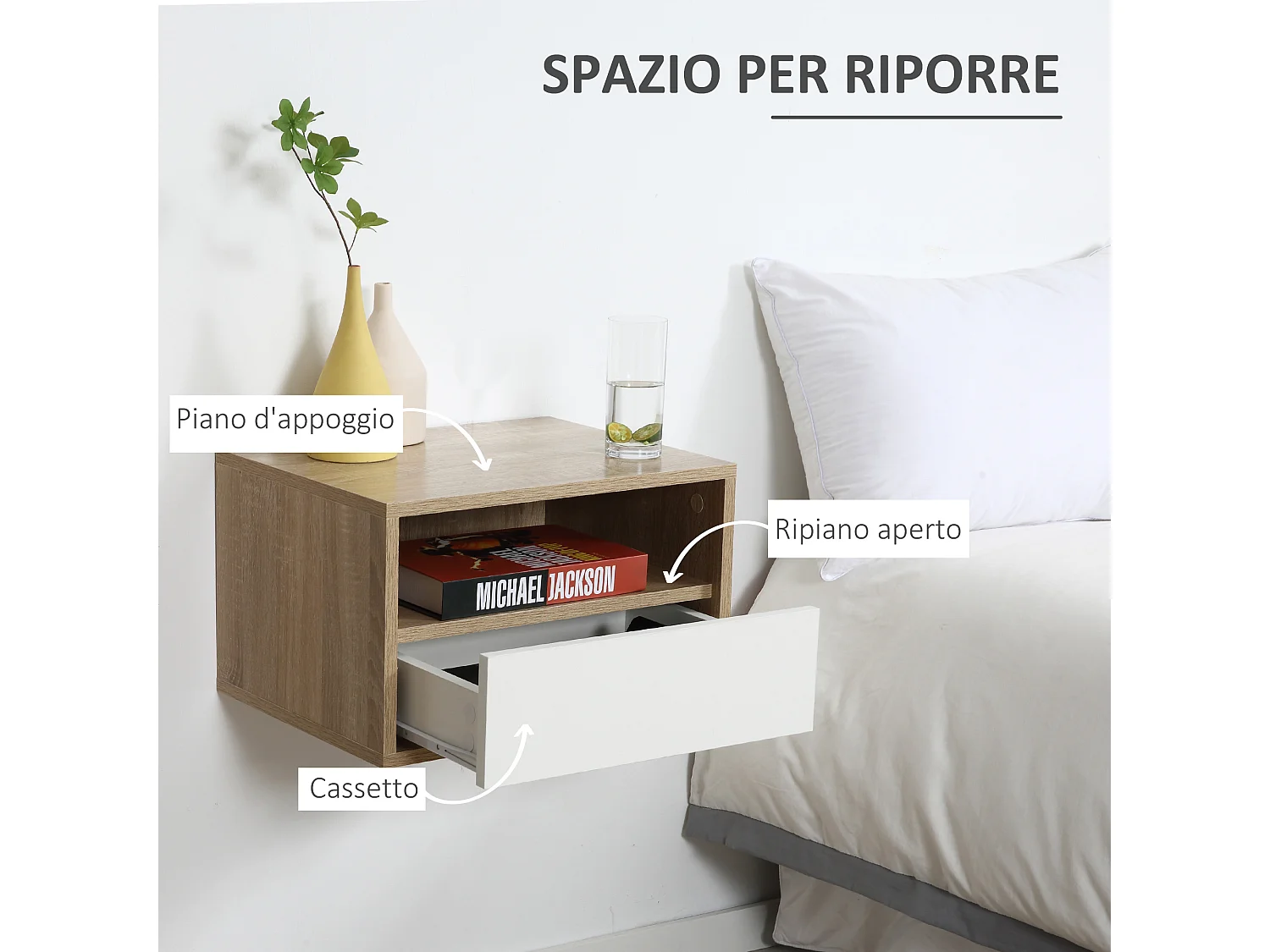Set 2 comodini sospesi con cassetto 45x35x27.5cm bianco e legno