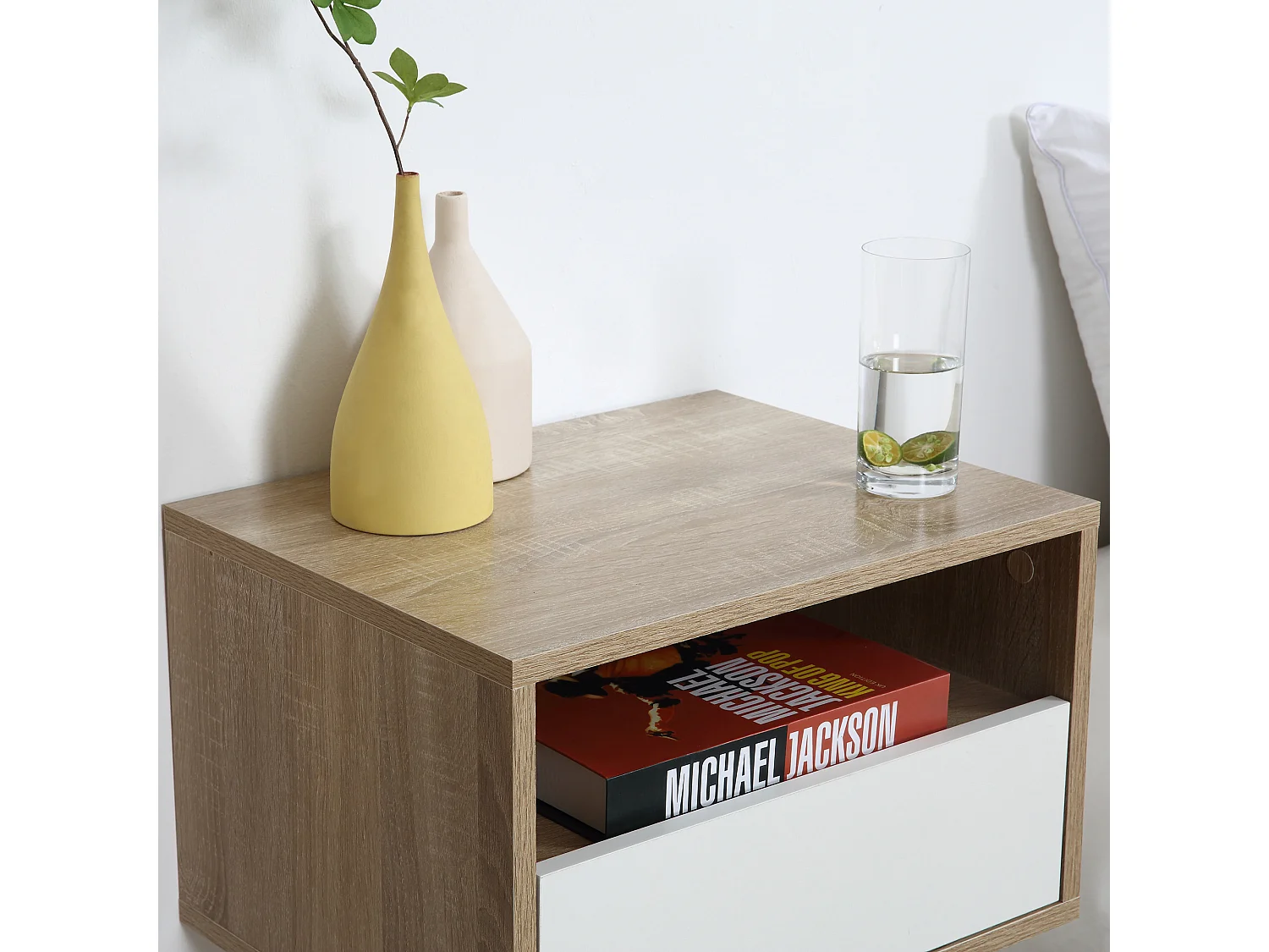 Set 2 comodini sospesi con cassetto 45x35x27.5cm bianco e legno