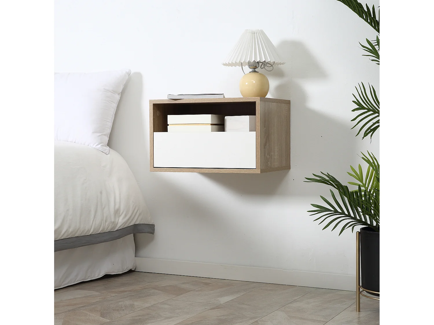 Set 2 comodini sospesi con cassetto 45x35x27.5cm bianco e legno