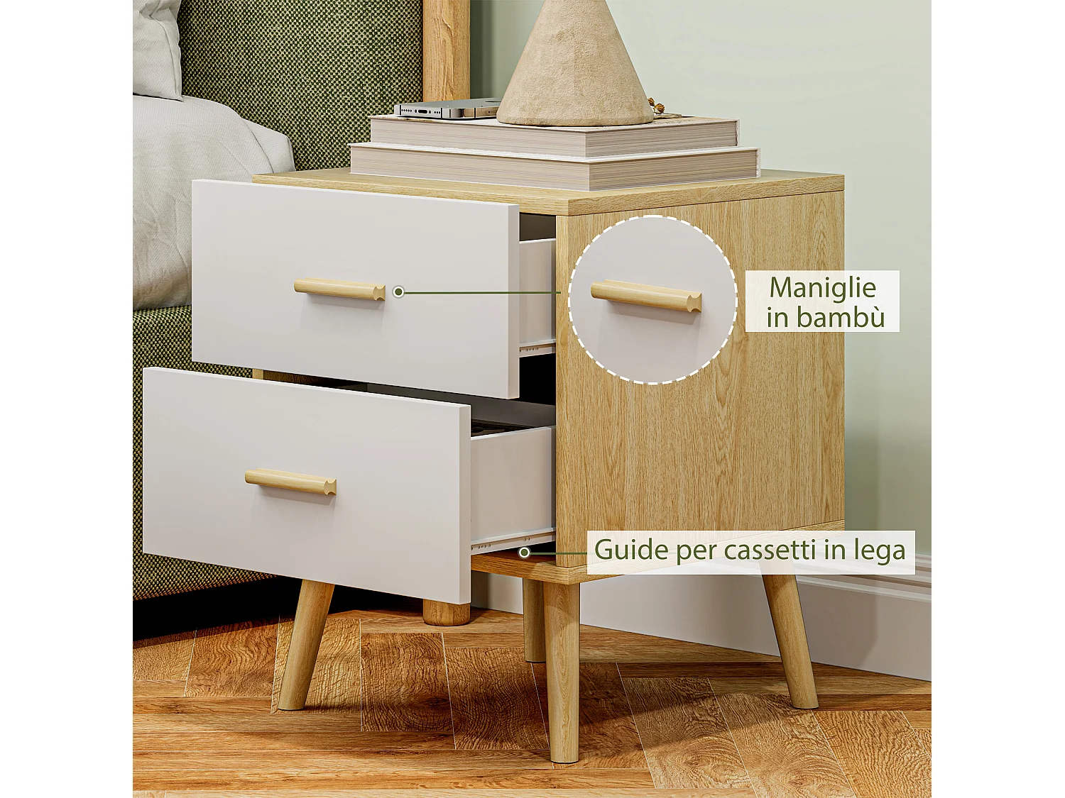 Comodino con 2 cassetti stile nordico 40x40x50 cm in legno rovere