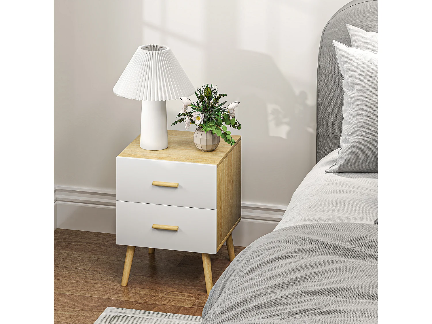 Comodino con 2 cassetti stile nordico 40x40x50 cm in legno rovere