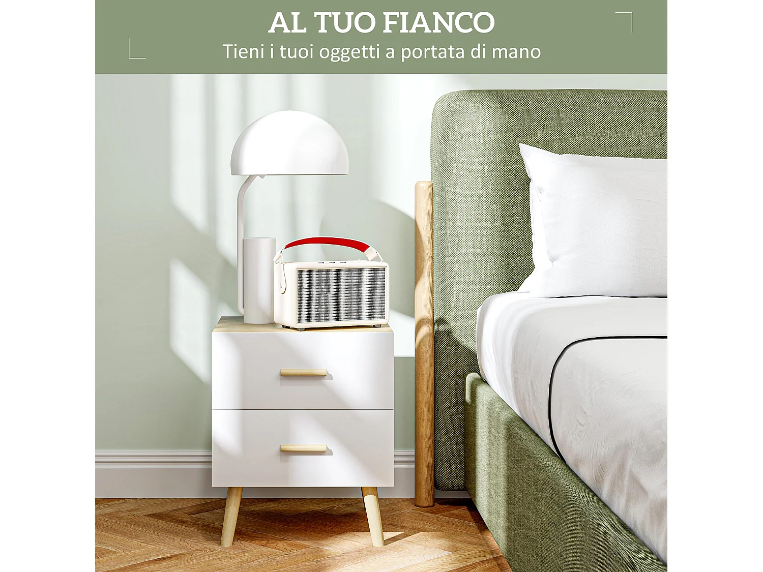 Comodino con 2 cassetti stile nordico 40x40x50 cm in legno rovere